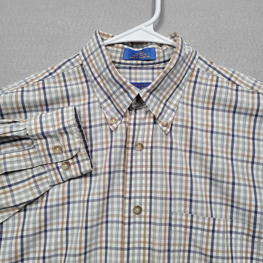 Pendleton Mens Plaid Button Down Shirt Long Sleeve Cotton Blue Tan White Medium